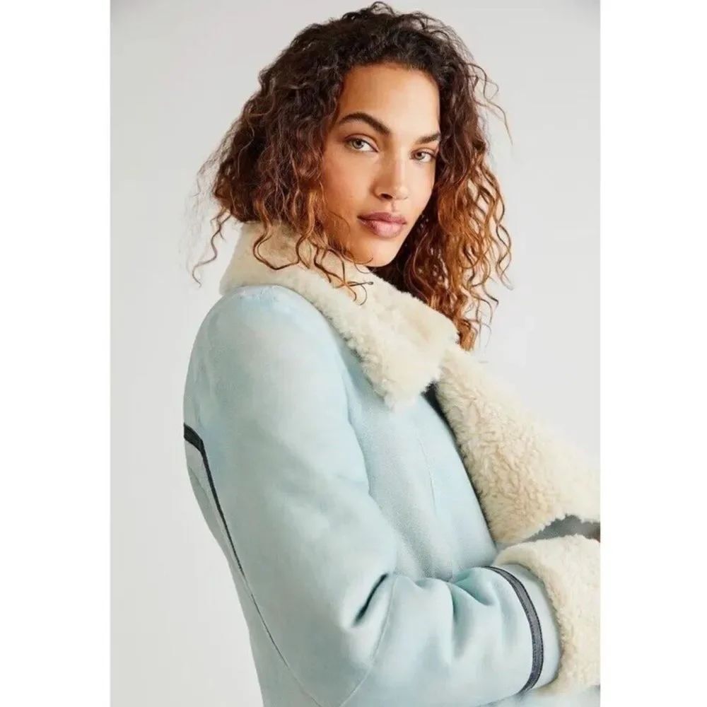 We the Free Size XS Leather & Sherpa Jacket Navy & Light Blue Two Tone